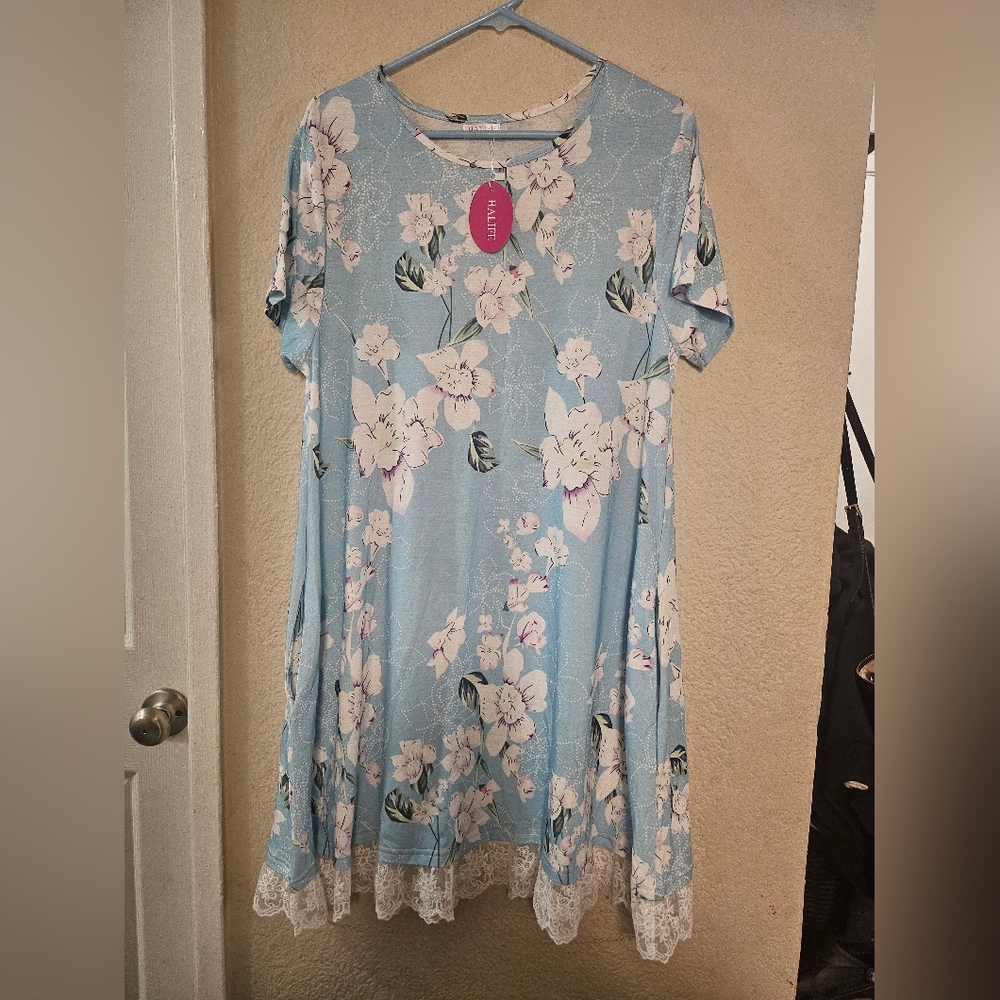 Blue Floral Midi Dress with Lace Trim